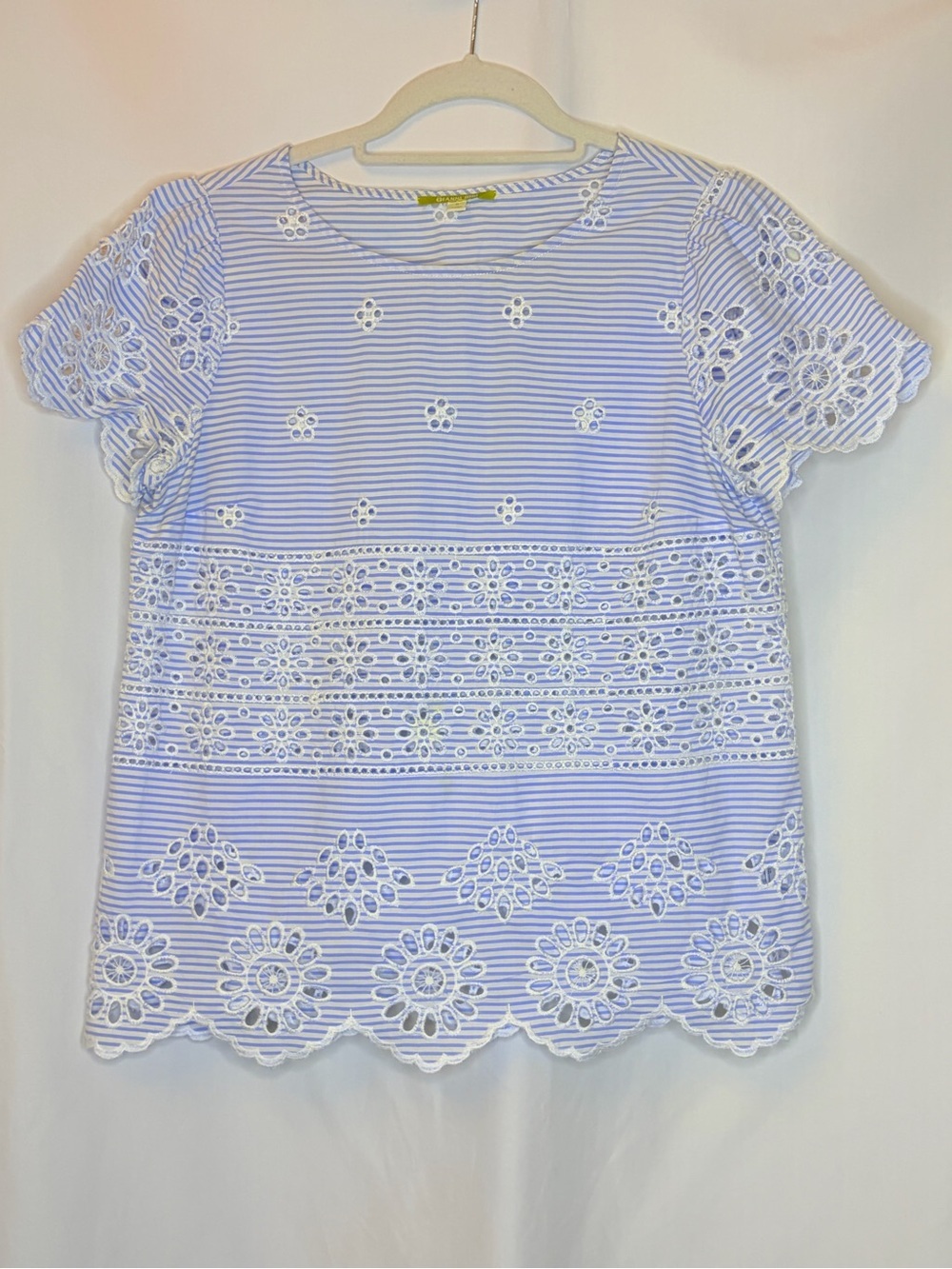 Gianni Bini Blue Stripe Eyelet Lace Blouse Scalloped Sleeve Top Small